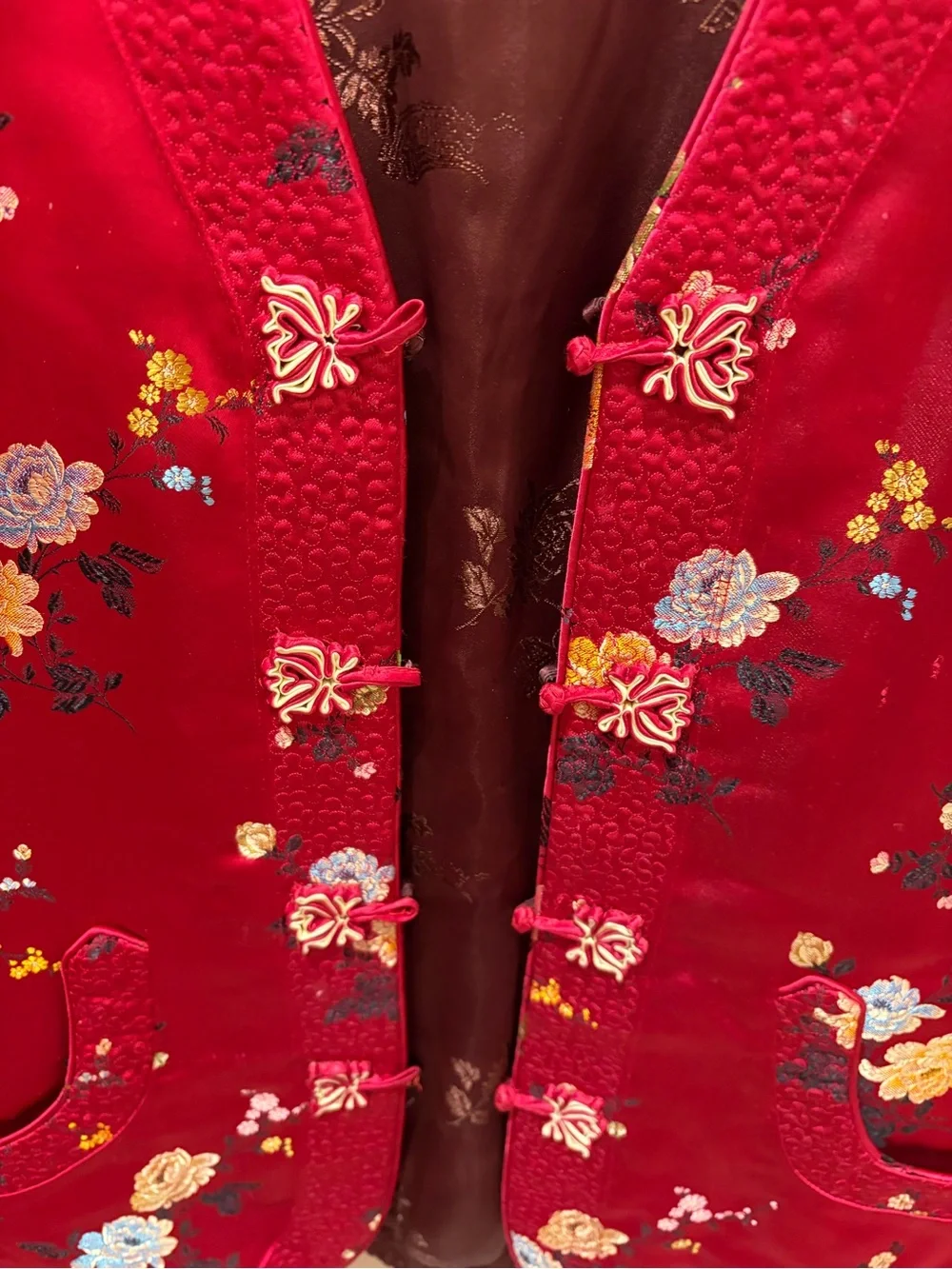 Vintage Red Floral Embroidered Reversible Chinese Traditional Vest - Picture 4 of 12